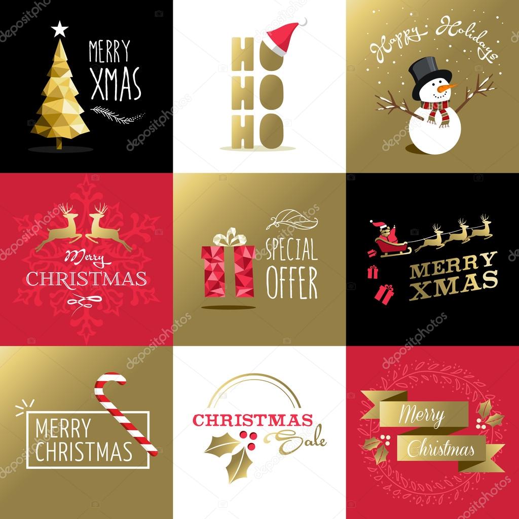 Merry christmas set gold card label xmas holiday