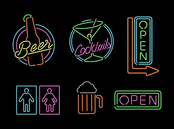 Neon licht teken ingesteld pictogram retro bar bier open label — Stockvector