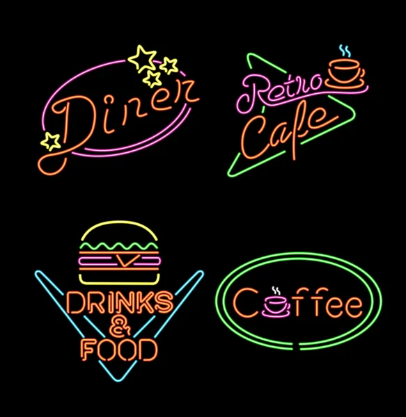 Retro neon light sign set food coffee drink — Stock Vector