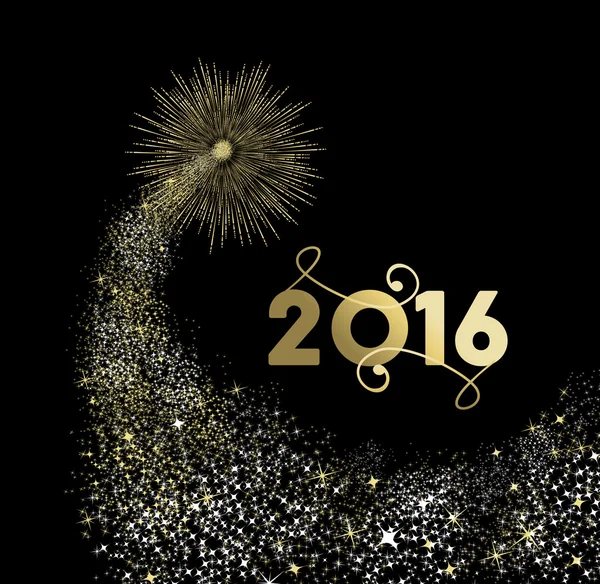 Año Nuevo 2016 tarjeta de explosión de fuegos artificiales de oro — Vector de stock
