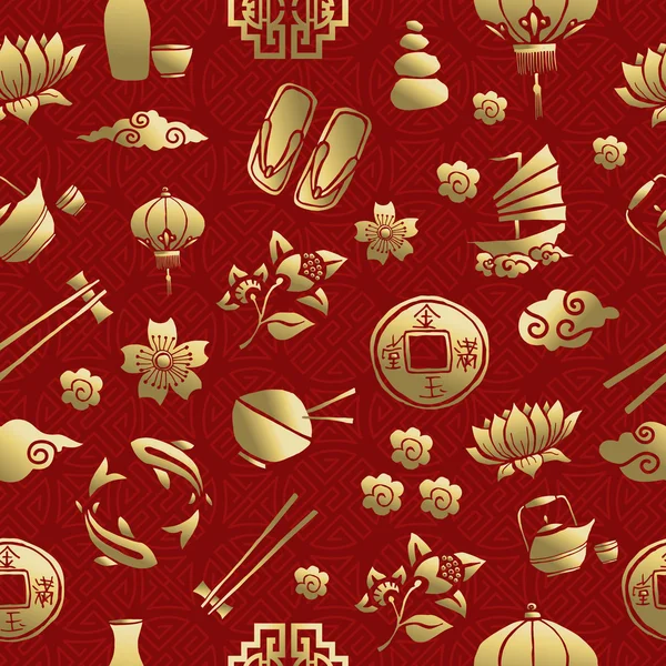 원활한 골드 아시아 문화의 아이콘 중국어 패턴 — 스톡 벡터