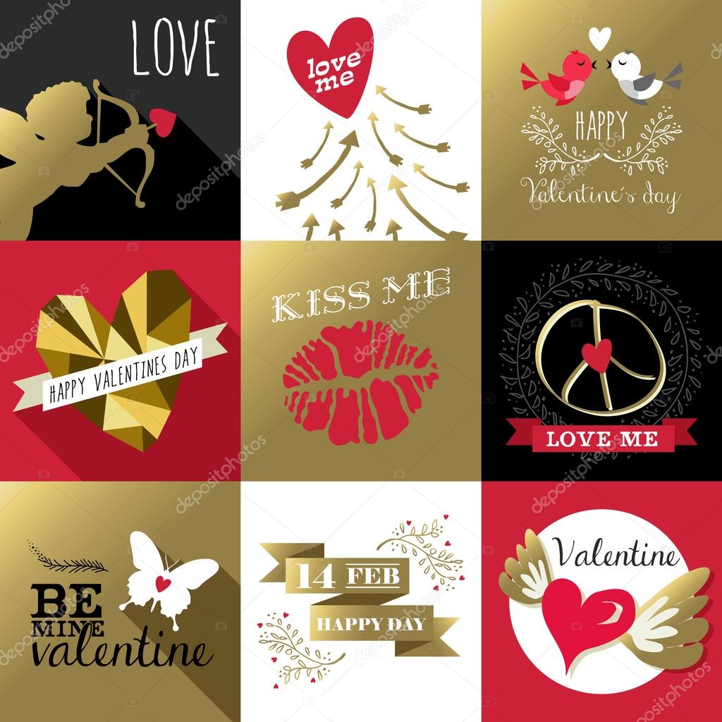 Saint valentines day card label set gold retro