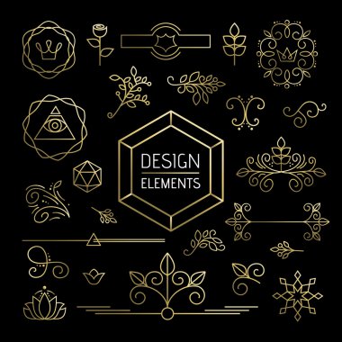 Altın çizgi sanat mono anahat süs çiçek Icon set