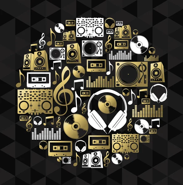 Música dj concepto icono conjunto vinilo cd forma oro — Vector de stock