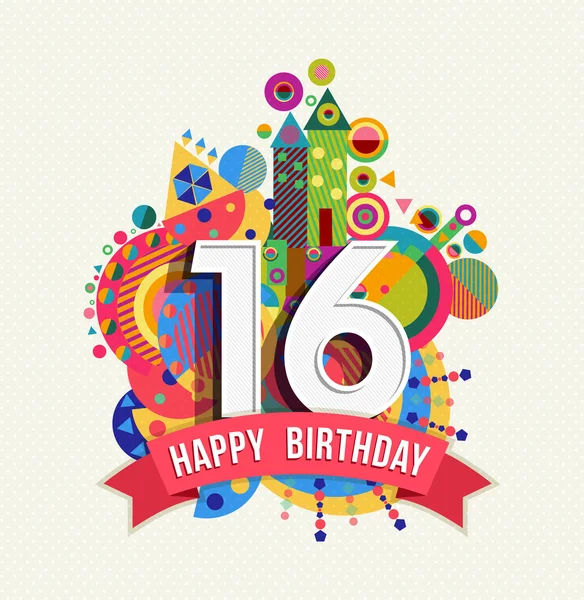 Happy birthday 16 year greeting card poster color — Stock Vector