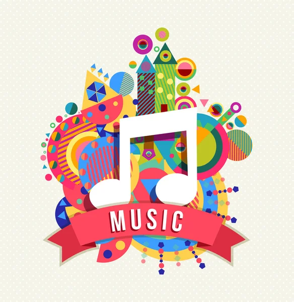 Music note icon, audio label with color shapes — Stock Vector