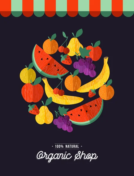 Organic food shop design with fruit illustration — Wektor stockowy