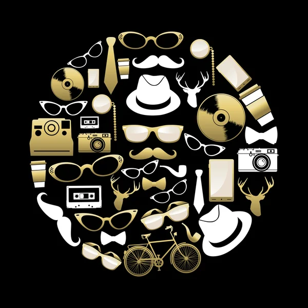 Vintage hipster concept icons silhouette in gold — Stock Vector
