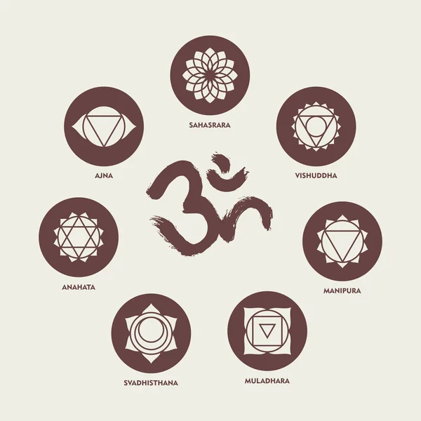 Chakra icono conjunto de elementos y om caligrafía — Archivo Imágenes Vectoriales