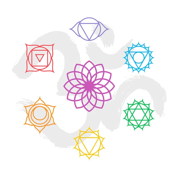 Color chakra icon set outline with om background — Stock Vector