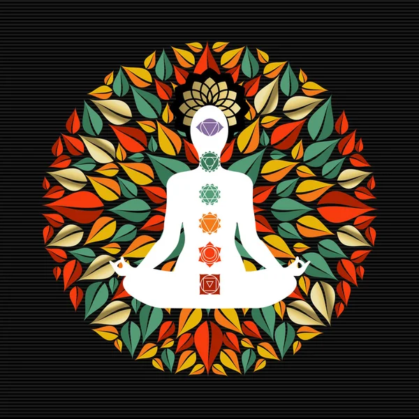 Mandala de la naturaleza con pose de yoga e iconos de chakra — Vector de stock