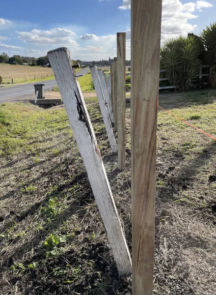 古い木柵を新しい松の木柵に置き換えるさまざまな段階 — ストック写真