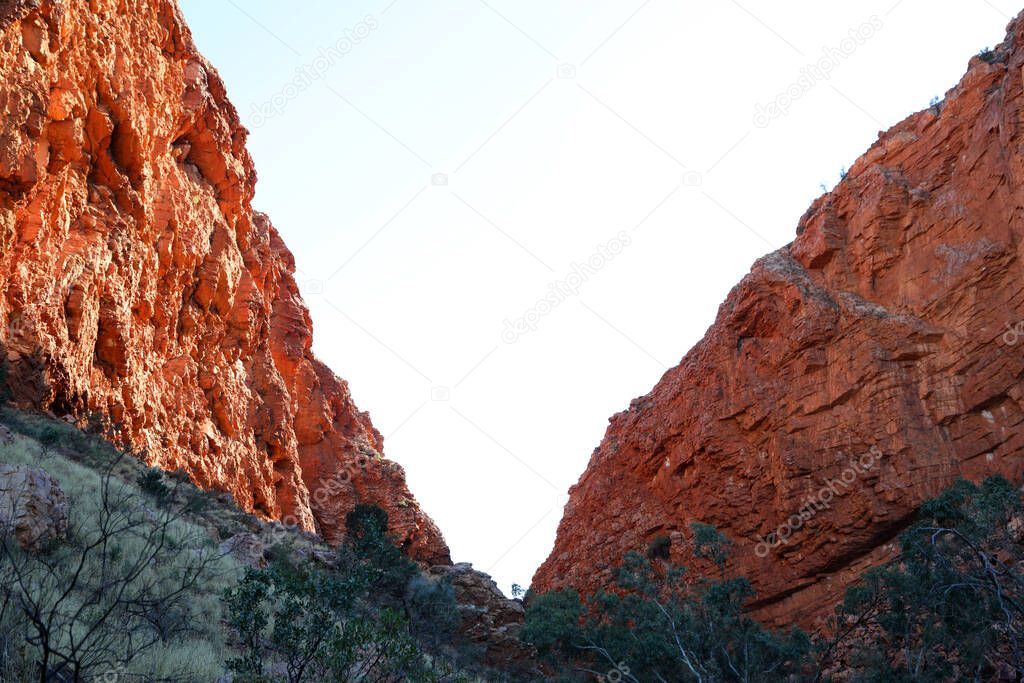 Detail image of Simpsons Gap in the MacDonnell Ranges near Alice Springs, Northern Territory, Australia featuring orange rock faces and beautiful ghost gum trees