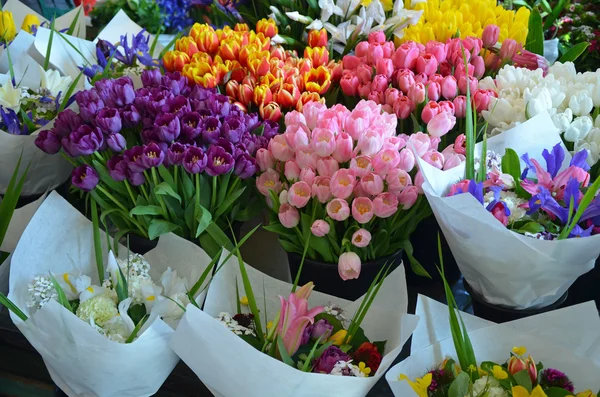 Farverige buketter til salg på blomstermarkedet - Stock-foto