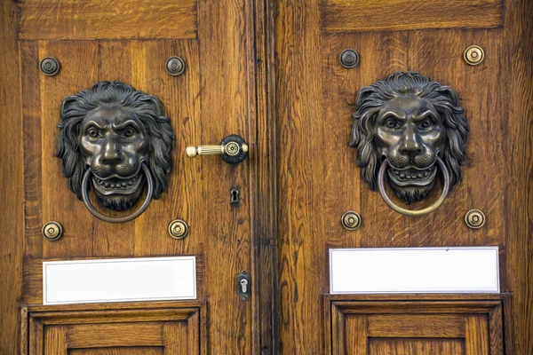 獅子頭付きの古い木の扉 — ストック写真