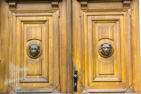 Stare drewniane drzwi z głową lwa — Zdjęcie stockowe