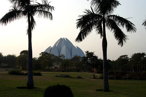 Top Lotus Temple Bahai House Worship Viewed Two Trees Garden — Stock Photo, Image