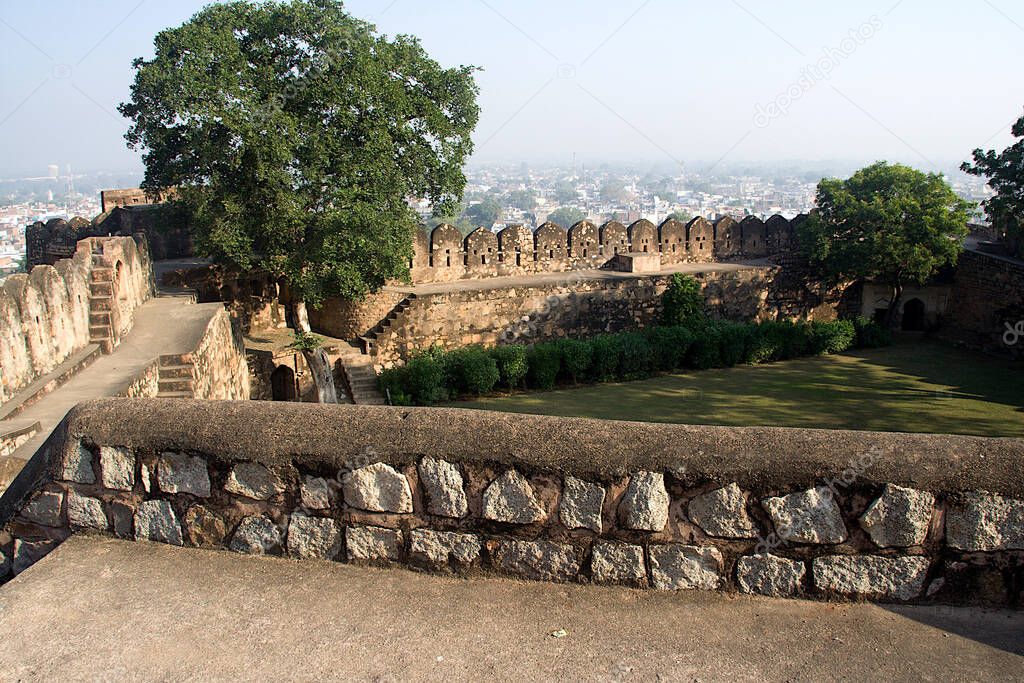 View of passages, steps, parapet and garden inside walls of Fort at Jhansi in Uttar Pradesh, India, Asia