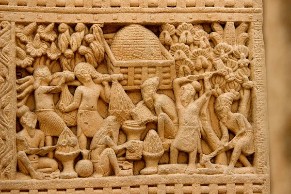 View Daily Life Activities Depicted Stone Pillar Carving Stupa Sanchi — Stock Photo, Image