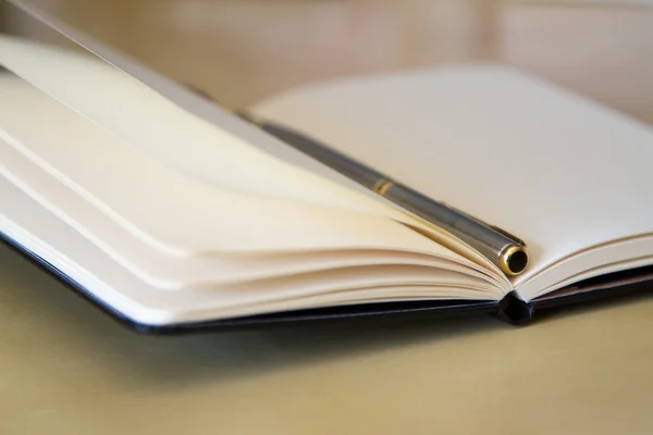 Abrir cuaderno en blanco con un bolígrafo — Foto de Stock