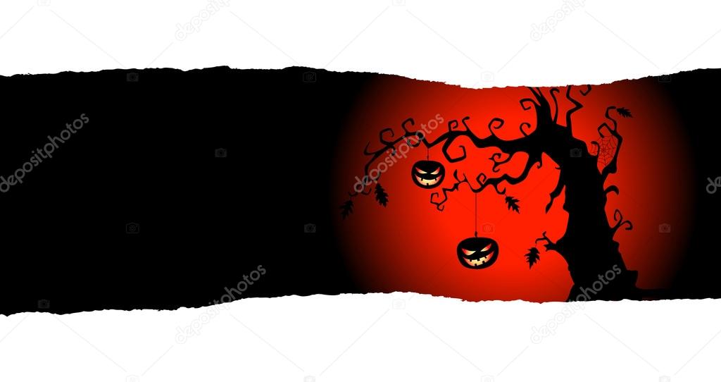 Halloween background with wo pumpkins hanging on the tree