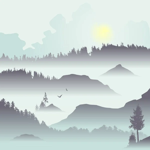 Bergblick Mit Fliegenden Vögeln Bei Sonnenaufgang Vektorillustration — Stockvektor