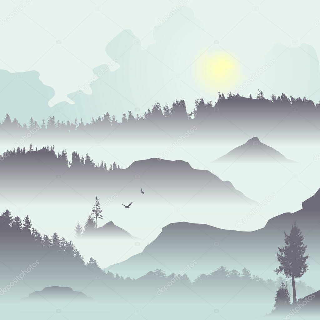 Mountain view with flying birds during sunrise. Vector illustration