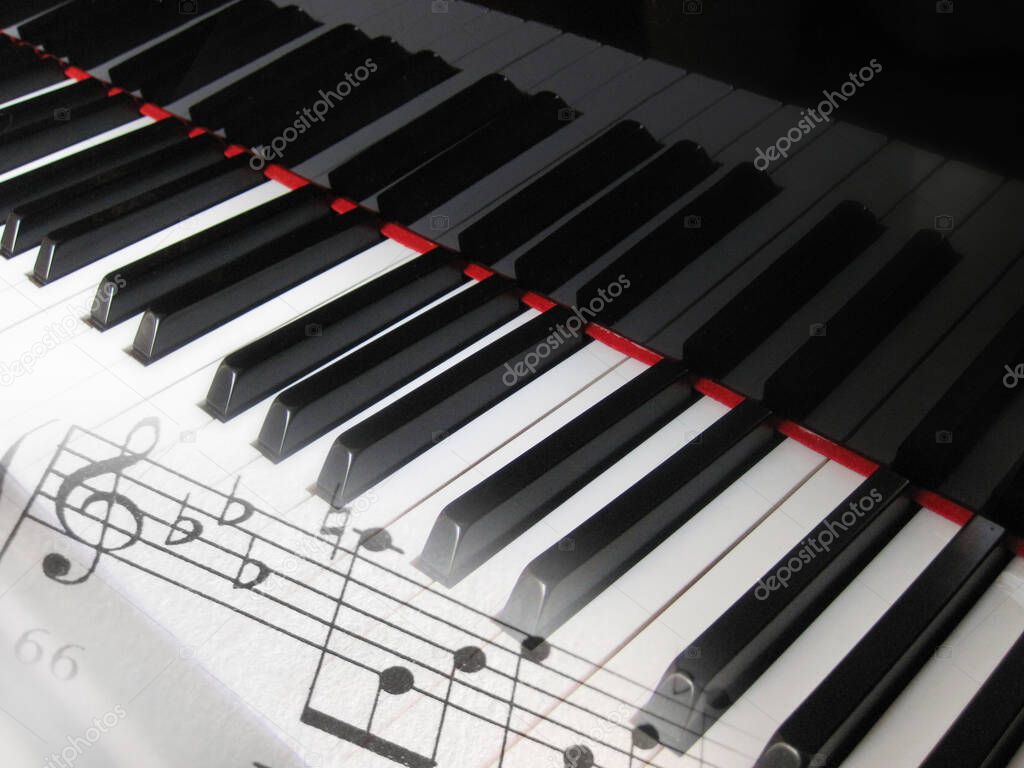 Piano keys with notes, musical background.