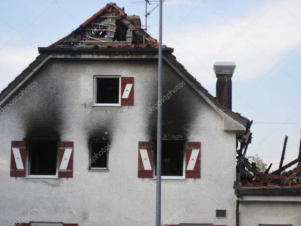 Damaged hotel building after burned by fire. Bad Reichenhall, Germany
