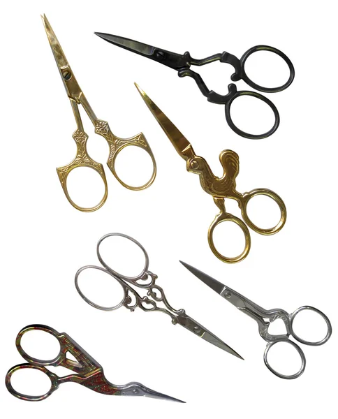 Antique scissors with clipping paths. Collection of golden vinta — Stock Photo, Image