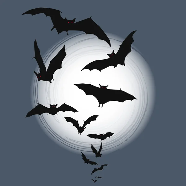Fondo de Halloween - murciélagos voladores en luna llena — Vector de stock