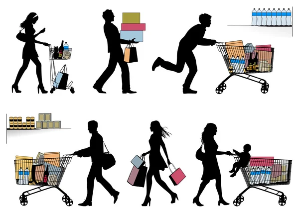 Verschillende mensen, shopping - vector silhouetten — Stockvector