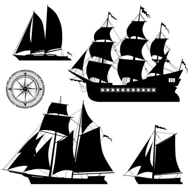Yacht and old pirate ships - vector set clipart
