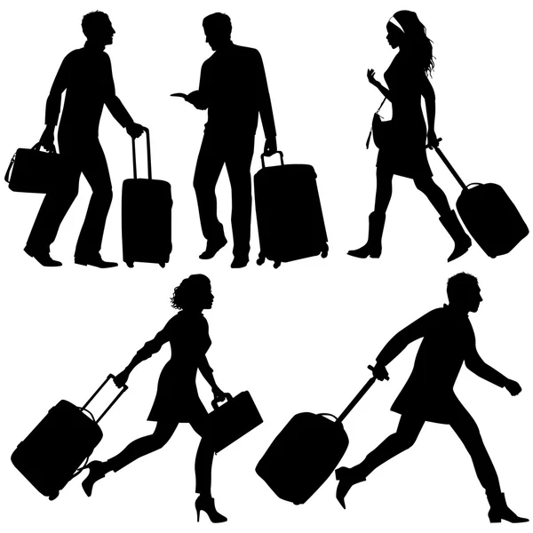 People in a hurry, on airport or station - vector silhouettes. — Stock Vector