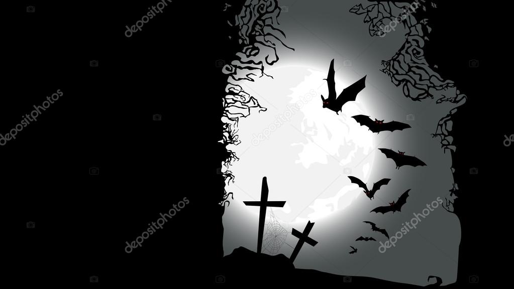 Halloween horizontal banner - destroyed cemetery in full moon