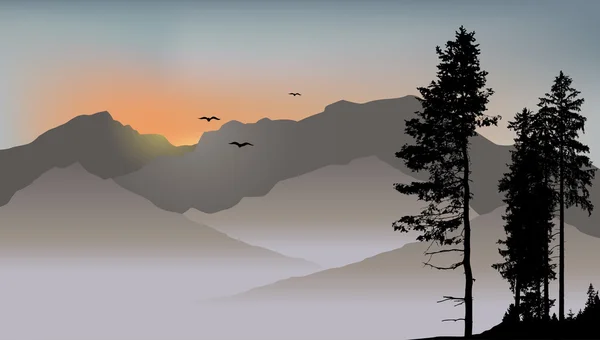 Pino solitario en el fondo de las montañas con aves voladoras — Vector de stock