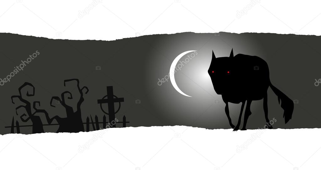 Halloween horizontal banner with lone wolf