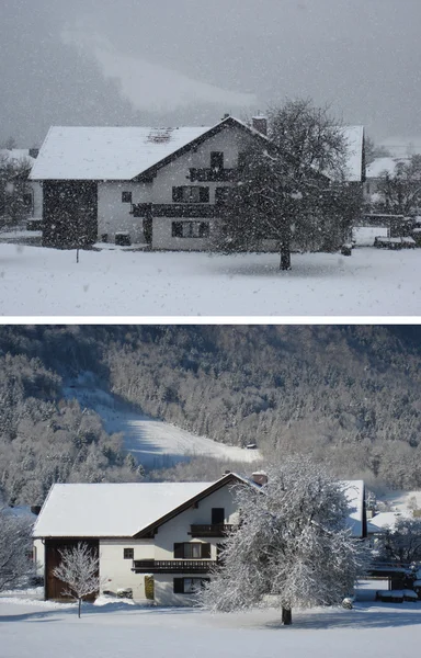 Hetzelfde huis. Sneeuwstorm en een zonnige dag. — Stockfoto