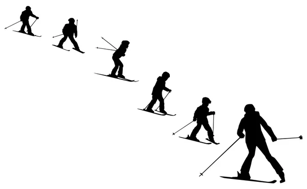 Escuela de esquí colección de siluetas de esquiadores — Vector de stock
