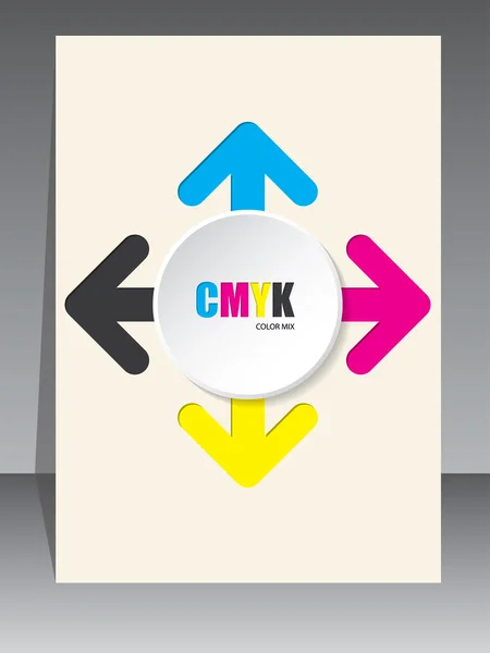 Cmyk brochure with color arrows and white 3d circle — Stock Vector
