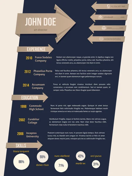Modèle de CV moderne en bleu foncé avec ruban de flèche — Image vectorielle