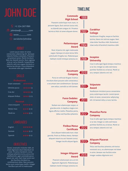 Moderna cv CV med detaljerad tidslinje — Stock vektor