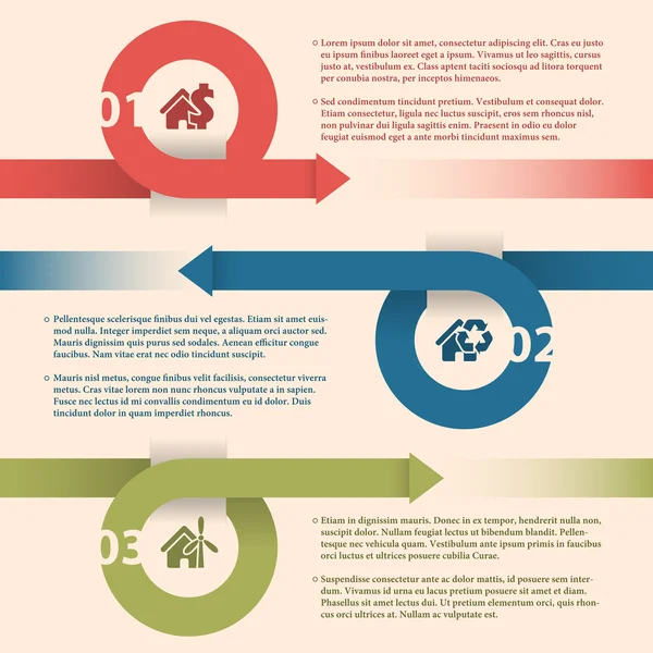 Design infográfico com setas e ícones da casa — Vetor de Stock