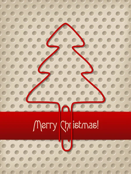 Рождественское поздравление с красной лентой и скрепкой в форме елки — стоковый вектор