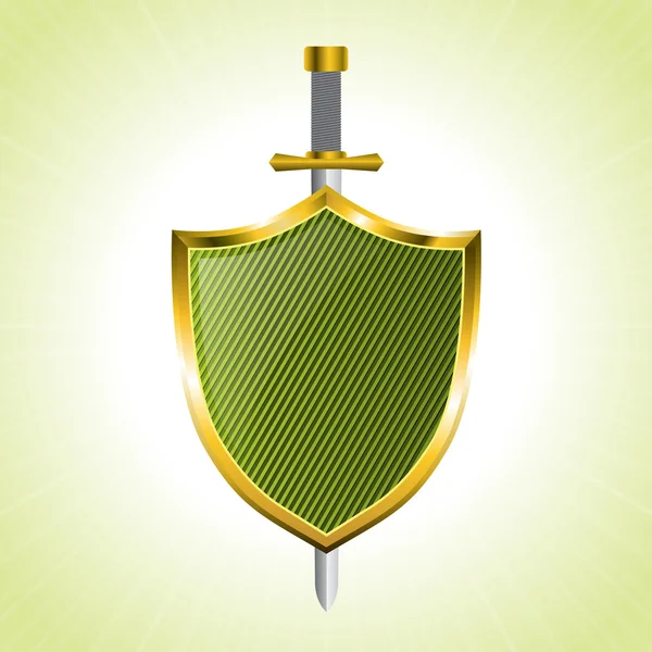 Escudo rayado verde con espada — Vector de stock