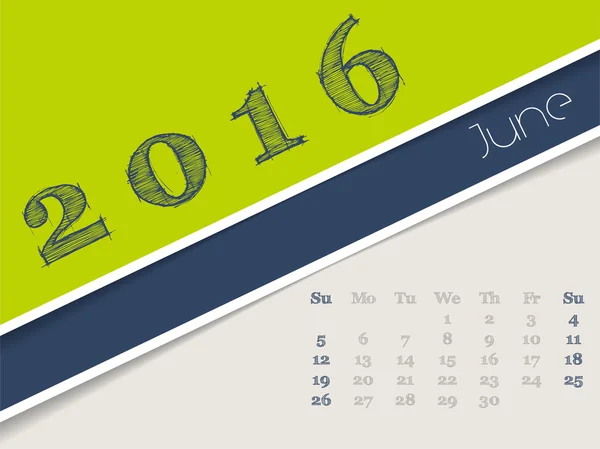 Simplistische juni 2016 kalender ontwerp — Stockvector