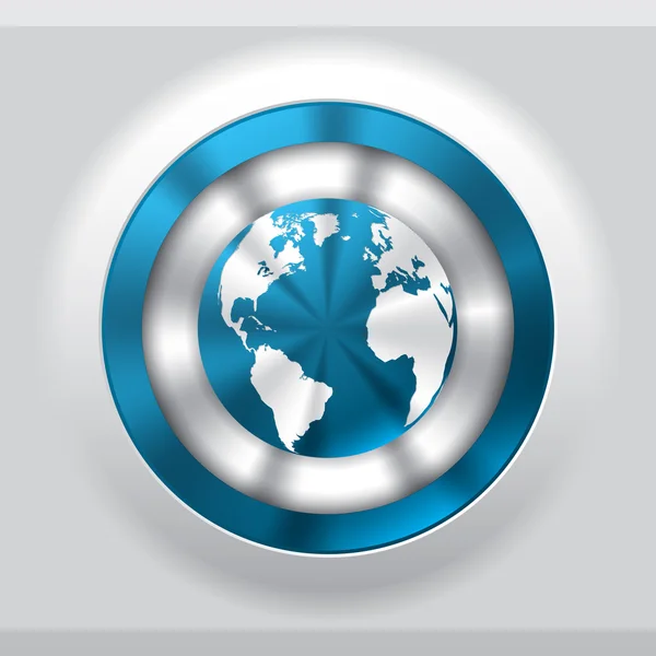 Cooler metallischer Knopf mit blauer Weltkugel — Stockvektor