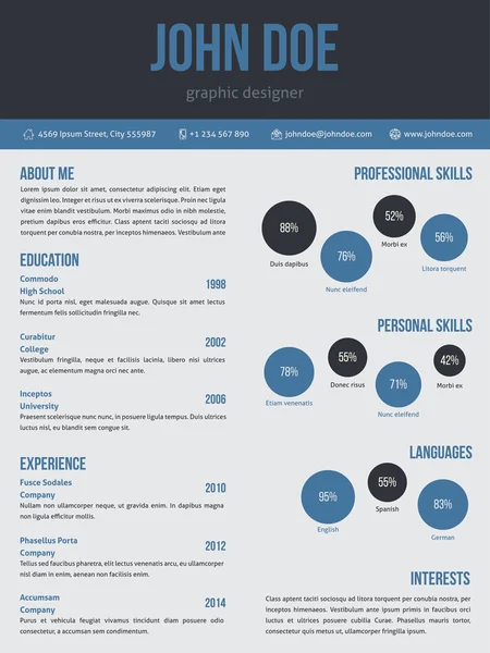 Nuovo modello di curriculum cv in blu e grigio scuro — Vettoriale Stock