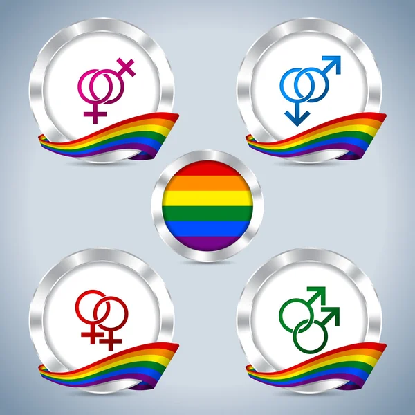 Metallabzeichen mit Gay Pride Band und Symbolen — Stockvektor
