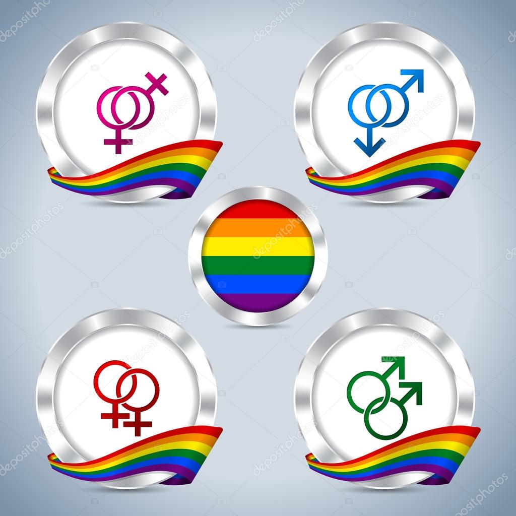 Metallic badges with gay pride ribbon and symbols